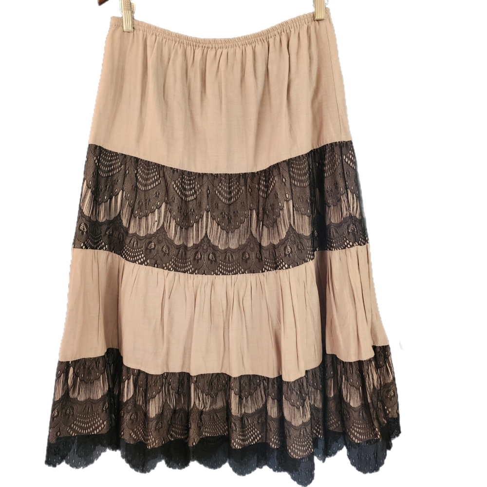 Style & CO. brown Boho tiered peasant skirt with black lace detailing size M - Picture 2 of 4
